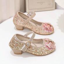 Sparkling Sequin Girls Princess Shoes, Fine Glitter Bowknot With Rhinestone Heart Pendant, One-Strap Magic Hook & Loop Closure, Easy On & Off, Suitable For Performance, Birthday Party, Dress Matching - Champagne - View 7