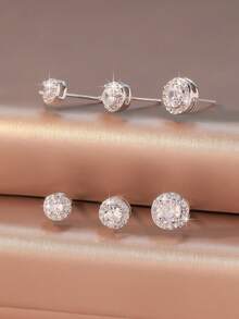 6pcs/Set Luxury Style Round Zirconia Stud Earrings Set For Women, Suitable For Commuting, Daily Wear And Dating - Circular Zirconium - View 4