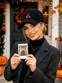 1pc Solid Color Corduroy Baseball Cap, A‑Z Letter Embroidery, Halloween Vibe, Suitable For Spring, Autumn, And Winter, For Fall Winter Outfits - Black - View 2