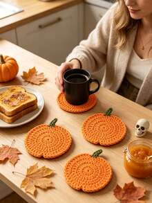 Handmade Crocheted Pumpkin Coasters, Pumpkin Pattern Fabric Drink Coasters, Absorbent Coffee Table Mats, Rustic Country Style Decor, Suitable For Autumn, Halloween, Thanksgiving Tabletop Decoration, Perfect Autumn Gift For Friends And Family - Multicolor - View 5