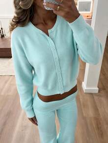 Autumn/Winter Casual Versatile Solid Color Knit Cardigan - Mint Blue - View 10