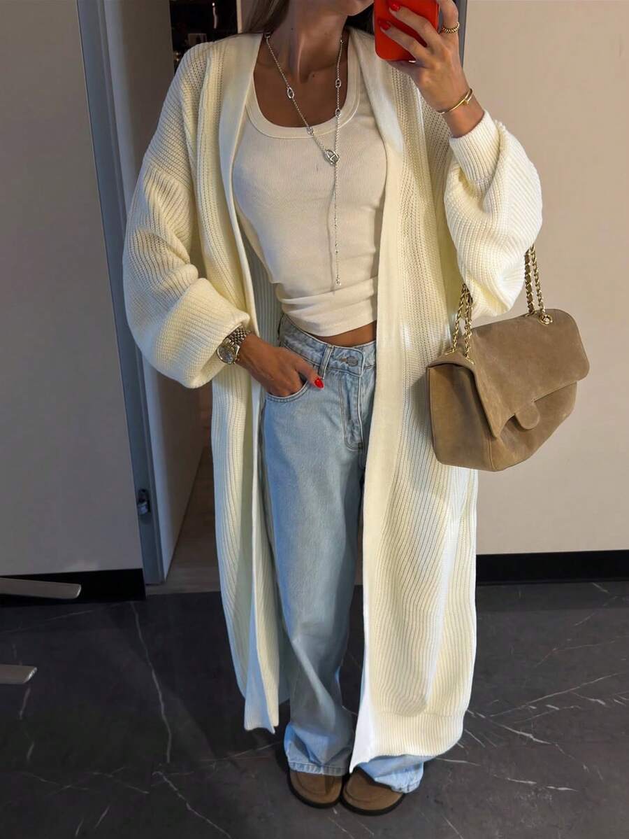 FOR BEAUTY Fall Winter Women Sweaters Y2K Cozy White Longline Open Front Cardigans Ribbed Knit Loose Drop Shoulder Daily Office Casual Clothes - White - View 1