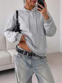 1pc Women's Light Gray Solid Color Drawstring Sweatshirt, Loose Fit Minimalist Pullover Sweatshirt, Suitable For Commuting And Shopping - Grey - View 1