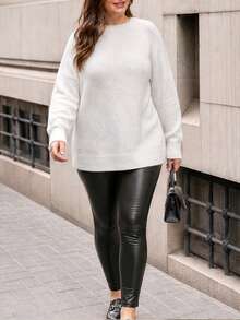 Women's Plus Size Cream Round Neck Ribbed Drop Shoulder Long Sleeve Knit Sweater, Comfortable Casual Y2K Fashion Style, Suitable For Halloween, Christmas, New Year, Autumn/Winter Season - White - View 5