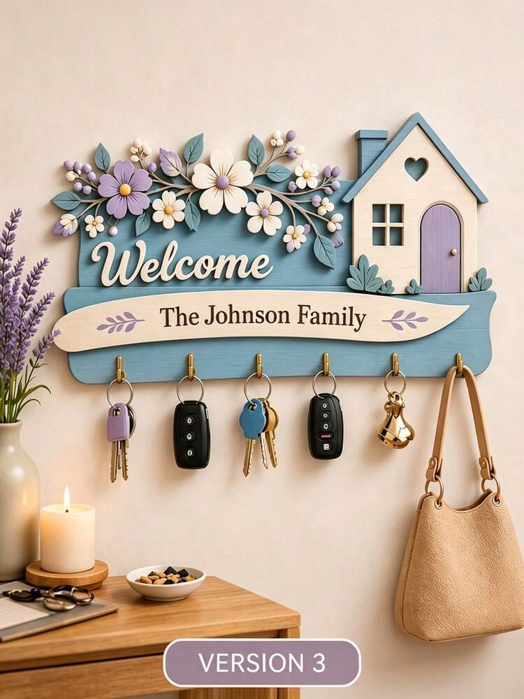 Personalized Wooden Wall-Mounted Key Rack, Multi-Layer Family Key Hooks, Customized Entryway Storage Rack, Wall-Hanging Key Holder, Suitable For Foyer, Hallway And Home, Housewarming Gift, Welcome Home Decor - Multicolor - View 6