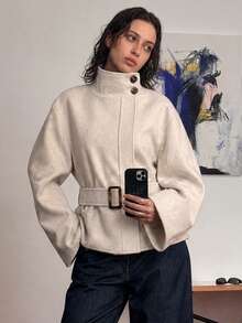 Beige Solid Color Tie-Neck Stand Collar Long Sleeve Elegant Elegant Wool Coat Jacket Top, Suitable For Office Work, Daily Outings, Autumn/Winter - Beige - View 6
