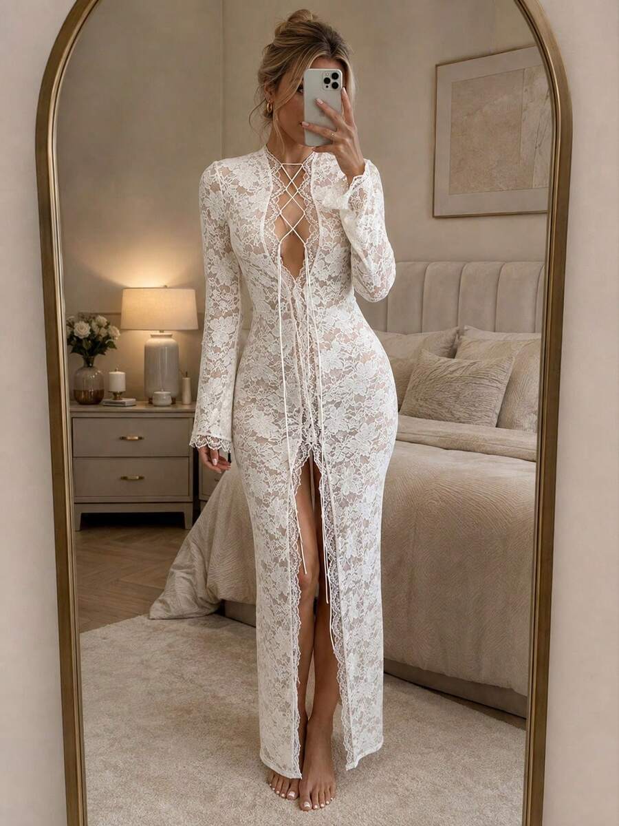 Kliou Shirring Ruffles Long Dress Women Sexy Deep V-Neck Split Jacquard Solid Tassel Petal Cuffs Street Elegance Thin Birthday Party Club - White - View 1