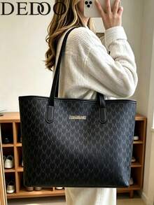 Dedoo Women's Tote Shoulder BagLetter Monogram PrintFaux LeatherMetal Logo PlateLarge CapacityClassic Minimalist TrendyFor Work,School,Shopping,Daily Travel - Black - View 10