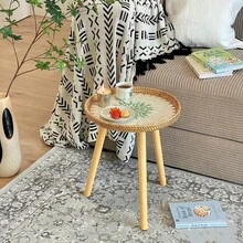 1pc Round Nordic Style Rattan Woven Shell Coffee Table, Handmade Sofa Side Table, Elegant High-End Coffee Table, Balcony Small Table, Welcome Table, Premium Gift For New Homeowners, Available In 2 Sizes - Multicolor - View 4