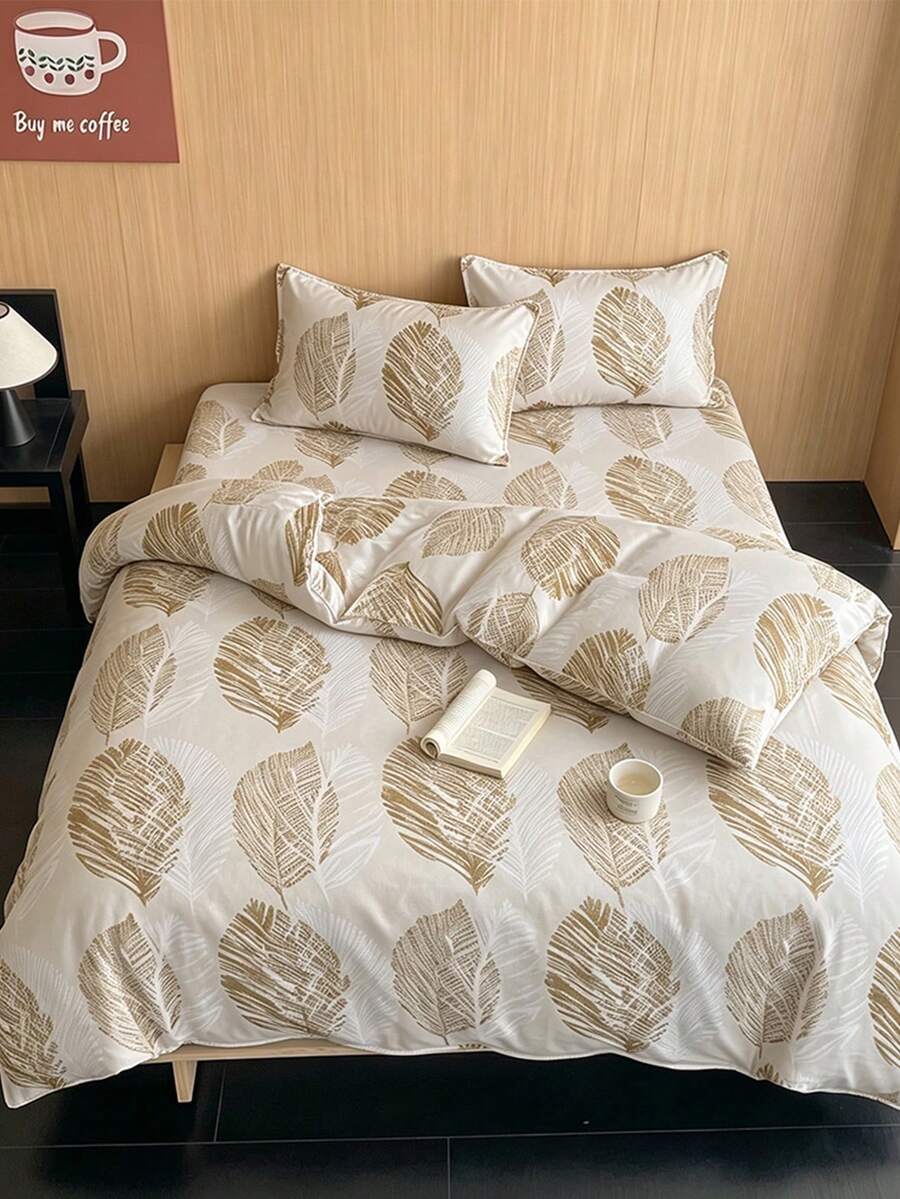 2/3件套裝簡約暖金色紋理樹葉印花聚酯纖維被套套裝，田園風格清新簡約寢具套裝，適合所有季節，臥室、客房適用，柔軟透氣，可機洗，春夏家居裝飾，精美禮品，大號、特大號（1個被套+1/2個枕頭套，不含被芯）