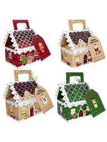48/24/3pcs Christmas House Design Candy Boxes, Gingerbread House Snack Kraft Paper Packaging Box Set, Christmas Gift Box, Red, Beige, Green Set, Christmas Decoration, Christmas Pajamas, Christmas Gift - One Size Fits All - View 8