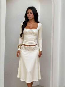 Women's Casual Two Pieces Set,A White Lace Top Paired With An Irregular Mid-Length Skirt,Outfit,Fall Sets Women,Halloween,Graduation,Night Out,Winter - Apricot - View 3