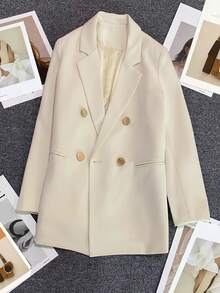 Women's Solid Color Long Sleeve Double-Breasted Blazer Jacket, Notch Lapel | Suitable For Dates, Parties, Outings And Holiday Celebrations - Off White - View 7