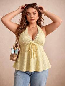 Rusttydustty Plus Size Women's Summer Vacation Contrast Lace Textured Front Tie Halter Neck Top, Suitable For Autumn/Winter - Yellow - View 10