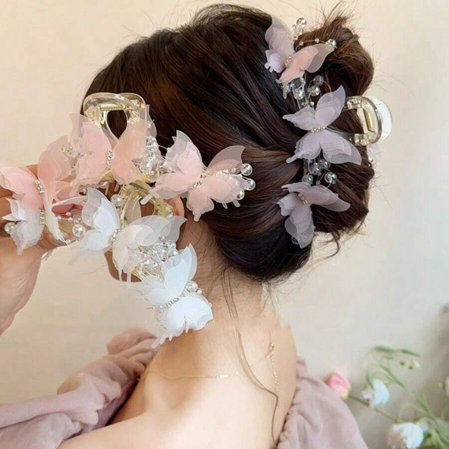 1pc New Women's Mesh Pearl Butterfly Fairy Style Large Shark Hair Claw Clip Back Head Hair Bun Clip Sweet Hair Accessory, Suitable For Photography - White - View 1