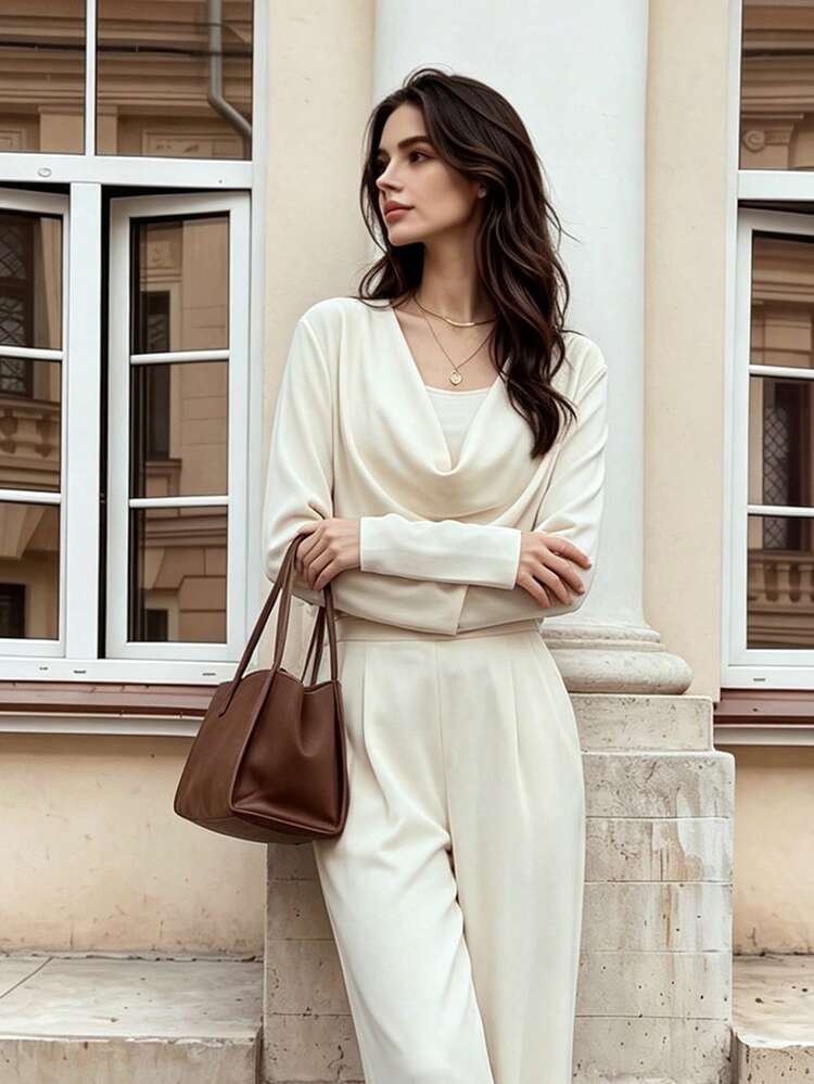 Fall Women 2‑Piece Outfit, Cowl Neck Long Sleeve Top With Inner Tank Vest - Apricot - View 7