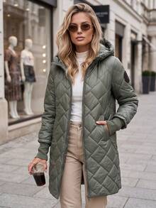 Women's Long Quilted Hooded Jacket Zip Front Diamond Stitch Ribbed Cuffs Regular Fit - Green - View 2