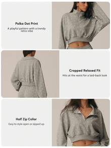 Women's Heather Grey Tonal Polka Dot Quarter Zip Mock Neck Sweatshirt Drop Shoulder Cropped Ribbed Hem Casual Yoga Gym Workout Outerwear - Light Grey - View 3