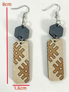 1 Pair Hexagon & Rectangle Patchwork Wooden Earrings, Geometric Pattern Wooden Slice Vintage Ear Jewelry - Beige - View 2