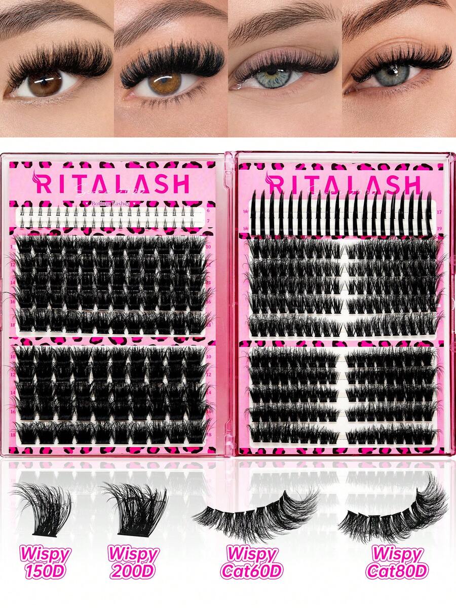 RITALASH 380PCS Mixed Length Individual False Eyelashes, 6 Styles DIY Eyelash Thick-Looking Eyelash Extensions, Spiky & Cat Lashes Self-Grafting Curling Lashes For Women, Makeup Products - View 1