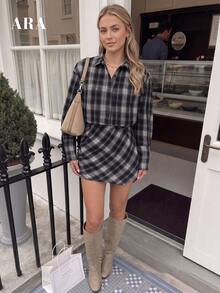 ARA Women Plaid Shirt Mini Dress, Collared Long Sleeve Button Down Waist Ruched Tunic Dress, Vintage American Checkered Shirt Dress For Autumn Winter - Black and White - View 3