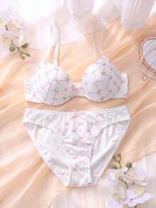 DelicateAllure 2pcs Set Lace Patchwork Bowknot Padded Underwire Bra & Panty , Sweet & Charming, Lift & Support - White - View 1
