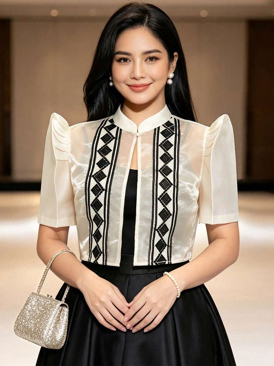 蝴蝶袖 Filipiniana 女款上衣,夏季時尚優雅拼接泡泡袖短袖開襟 Polo 衫 - 杏色 - 查看 1