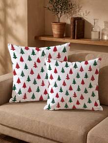 Christmas Minimalist Red & Green Christmas Tree Pattern Waffle Fabric Cushion Cover, Single Side Printed Soft Waffle Polyester Material, Waffle Pillowcase Suitable For Room Decoration, Modern Minimalist Sofa Living Room Decor, Gift Giving, Party Decoration - Multicolor - View 7