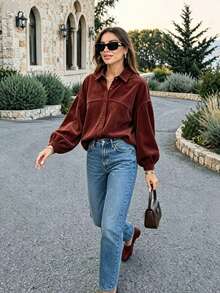 Women's Fashion Versatile Autumn/Winter Thick Corduroy Shirt - Burgundy - View 6