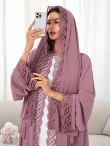 女性開襟式長袍 + 頭巾，奢華蕾絲珠飾飾邊長袖杜拜風端莊外套，開齋節伊斯蘭服飾 - 彩色 - 查看 9