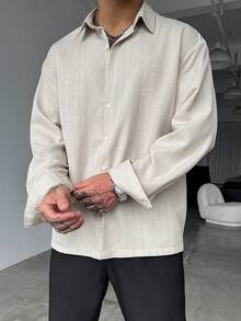 GloMan Old Money Style Men's Apricot Textured Striped Long Sleeve Shirt, Suitable For Business Casual, Office Commute, Family Gathering, Couple Matching, Gift For Husband/Father - Khaki - View 3