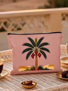 Date Palm Tree Print Makeup Bag, Portable Zipper Cosmetic Pouch, Desert Style Travel Toiletry Storage Bag For Women,Middle Eastern Style,Boho Desert Pattern,Arabic Style, Lightweight, Multi‑Purpose, Gift For Her, Daily Cosmetic Storage - Multicolor - View 3