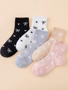 1/3/5/8/10 Pairs Women Sweet Heart & Bow Pattern Fashion Warm Comfortable Mid-Calf Socks - Multicolor - View 6