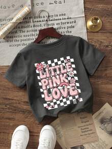 Baby GirlMinimalist Plaid Graffiti & Letter Print Round Neck Short Sleeve Cute Top - Dark Grey - View 4