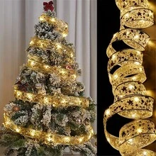 Gold And Silver Christmas Tinsel, Warm Lights String, Battery-Powered Light String, Wedding And Party Decoration Light String, Birthday Decoration Light String, Christmas Tree Decoration, Halloween Decoration, New Year Festival Indoor Light String - Gold Ribbon - View 5