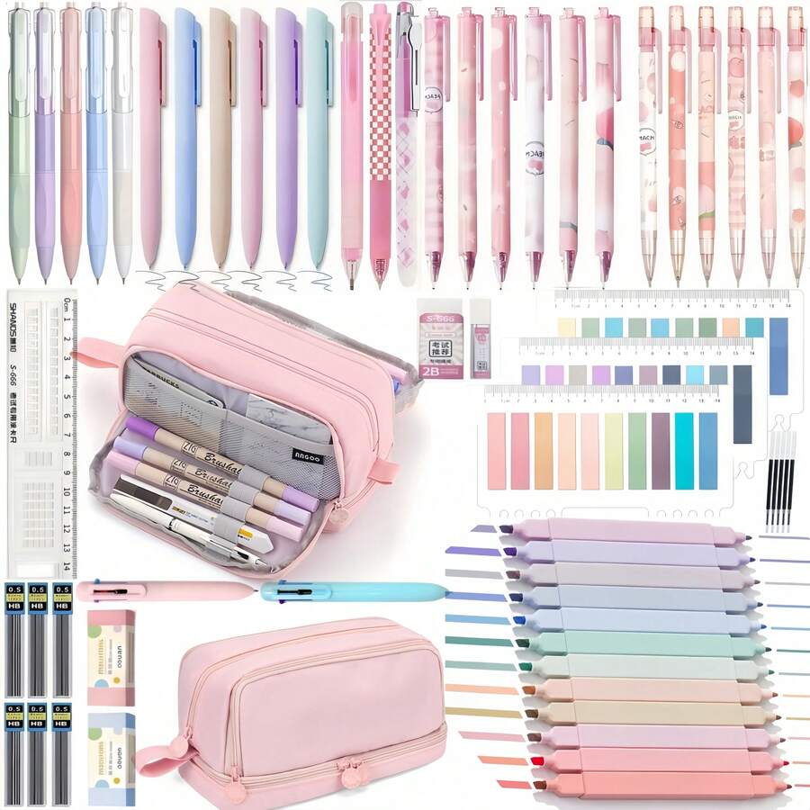 Morandi 60PCS School Supplies With Pencil Case,Stationery Set,Highlighters,Gel Pens,Mechanical Pencils,Back To School,College Essentials For Students - Multicolor - View 1