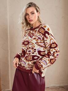 Simplee Women's Autumn/Winter New Fashion Comfortable Fuzzy Floral Print Crew Neck Sweater, Suitable For Commuting And Casual Wear - Burgundy - View 1