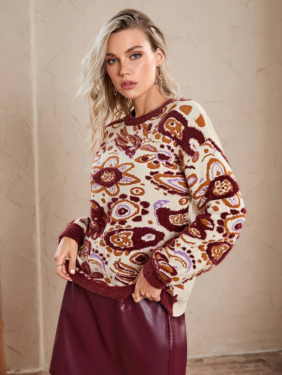 Simplee Women's Autumn/Winter New Fashion Comfortable Fuzzy Floral Print Crew Neck Sweater, Suitable For Commuting And Casual Wear - Burgundy - View 1