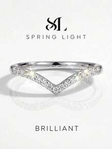 1pc Moissanite Ring, Elegant Lightweight V-Shaped Pave Diamond Ring, Suitable For Women's Party And Daily Wear - Silver - View 2