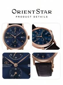 Orient Jam Tangan Mekanik Otomatis Pria Casing Warna Rose Gold Dial Biru Tua Sunburst Penanda Angka Arab Tali Kulit Emboss Motif Buaya Jam Bisnis Retro - Biru - View 6