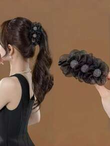 1pc Vintage Black Mesh Flower Banana Clip Elegant Ponytail Hair Clip Fashion Versatile Hair Accessory For Women - Multicolor - View 2