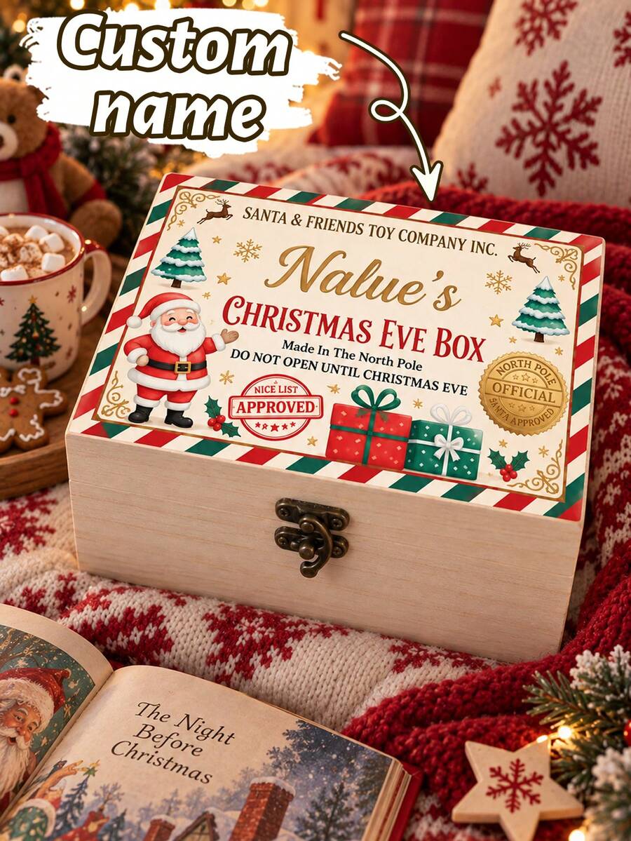 Custom Christmas Eve Keepsake Box, Personalized Rustic Wooden Memory Box For Home Decor, Festive Name Storage Case, Customized Name Holiday Gift Box, Customizable Seasonal Keepsake For Christmas Party Display, Christmas Party Decor, Merry Christmas - Style I - View 1
