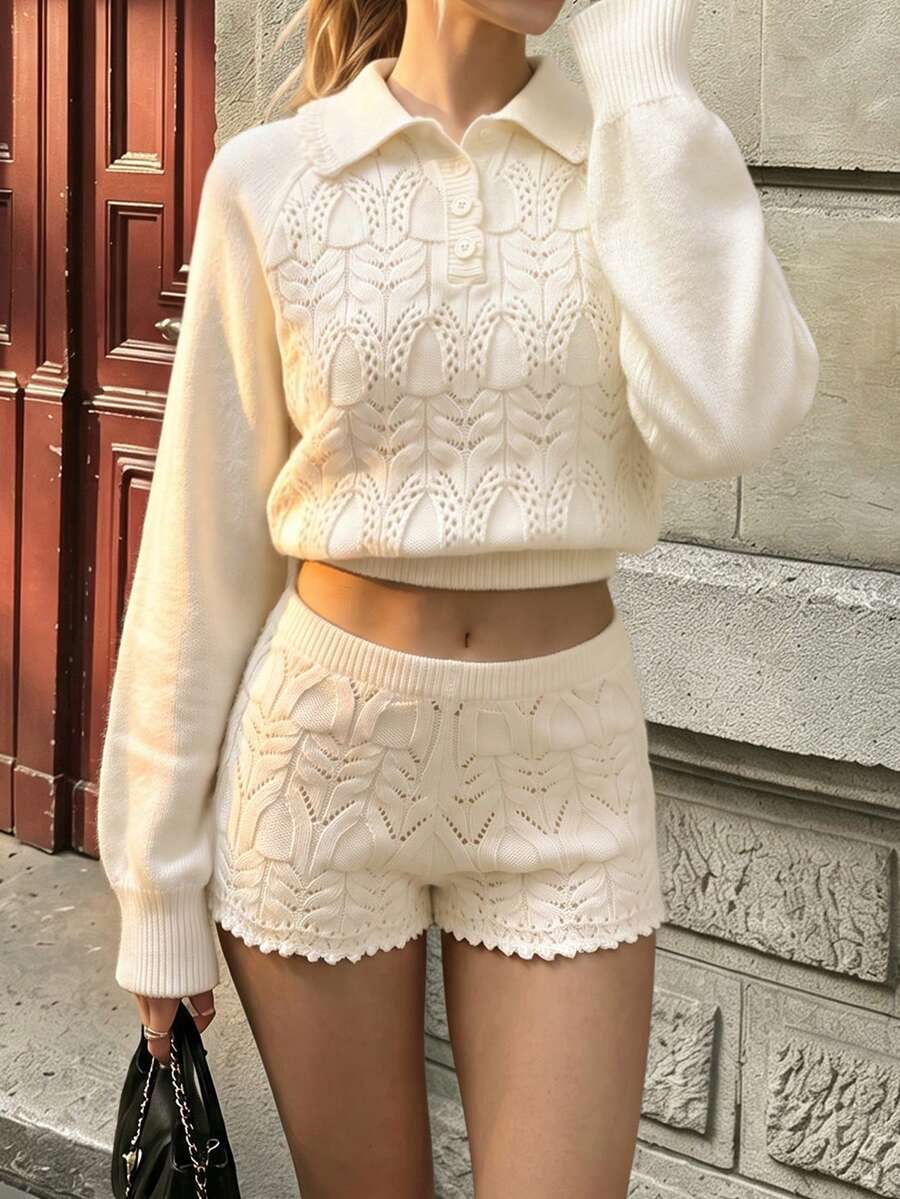 Women's Vintage Hollow-Out Knit Co-Ord Set With Polo Collar Button Sweater And Scallop Hem Shorts, Fashionable Two Pieces Outfit. - Beige - View 1