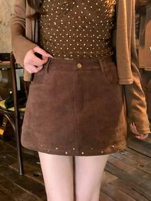 New Versatile Fashionable Suede-Like A-Line Rivet Mini Skirt For Women, Casual Autumn Skirt - Khaki - View 1
