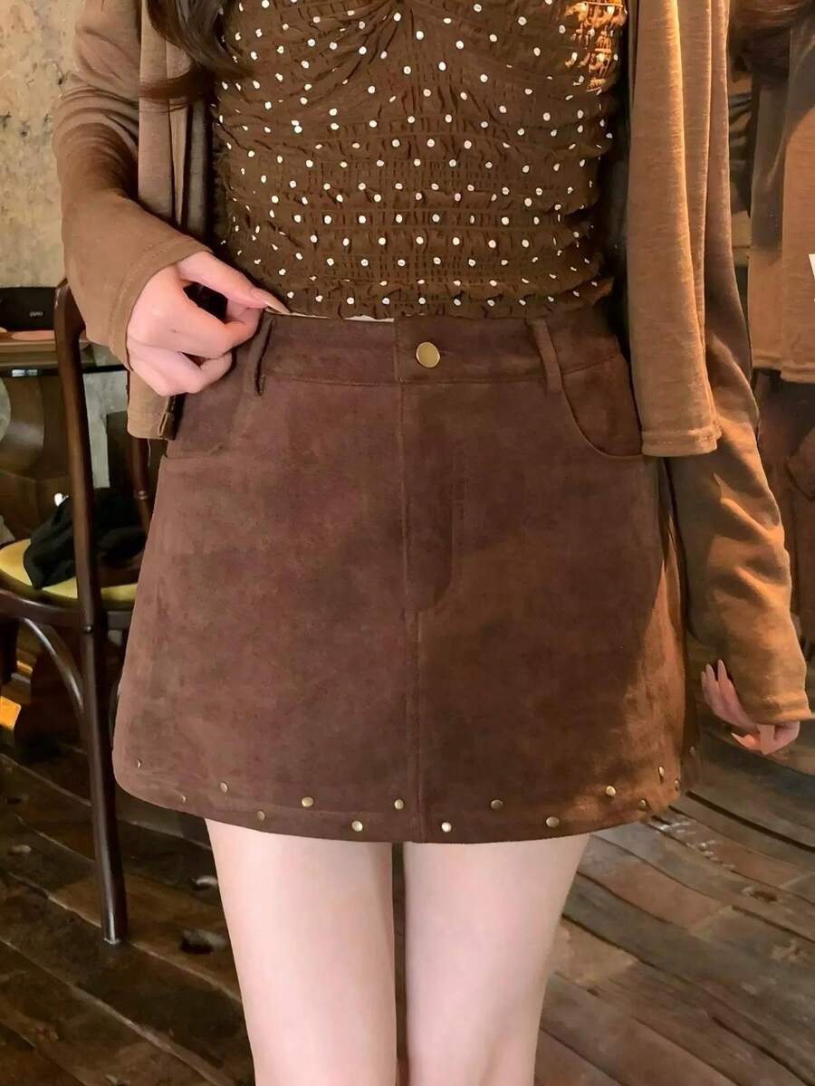 New Versatile Fashionable Suede-Like A-Line Rivet Mini Skirt For Women, Casual Autumn Skirt - Khaki - View 1