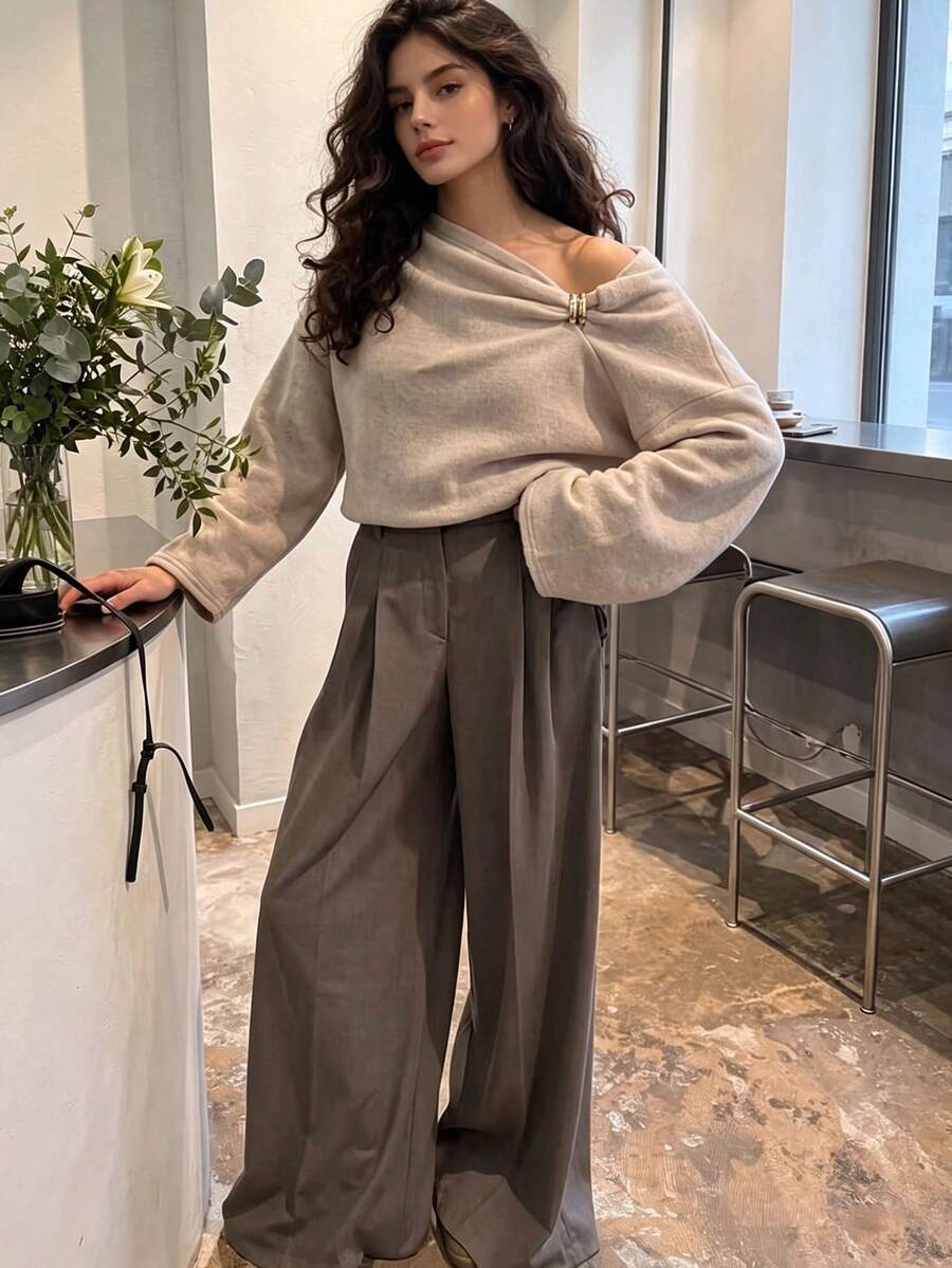 Fall Winter Plush Fleece Metal Button Asymmetric Collar Long Sleeve Loose Top Casual Daily - Grey - View 1