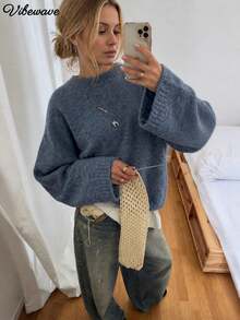 VIBEWAVE Suéter de Cuello Redondo Gris Claro Estilo Americano Vintage Casual para el Hogar, Otoño/Invierno, Holgado, Hombros Caídos, Mangas Anchas, Top de Punto Premium - Azul - Ver 2
