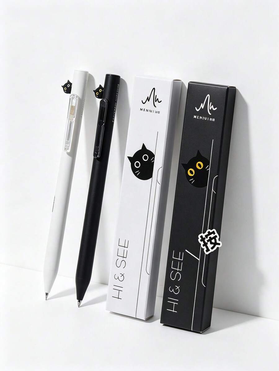 2/1pc Social Anxiety Cat Hide-And-Seek Click Neutral Pen Black & White Minimalist Fun Stress Relief Pen Suitable For Students Practice Problems Note Taking Classroom Assignments 0.5mm Bullet Tip Smooth Writing Back To School Funny Small Gift - Multicolor - View 1