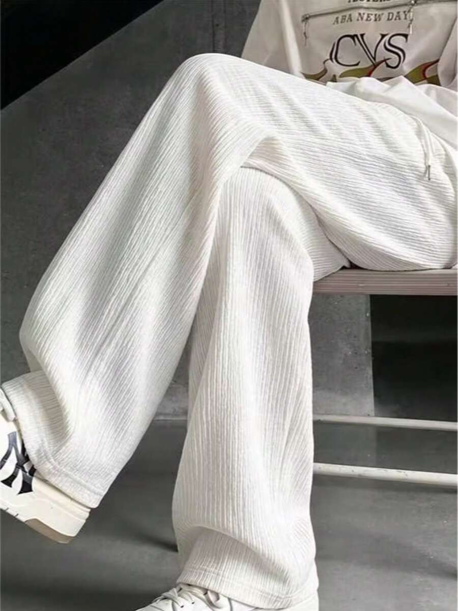 Men's Knit Textured Pleated Casual Pants, Elastic Waist With Drawstring, Straight Leg, Loose Fit, Draped Slimming Wide Leg Pants, Daily Commute Streetwear Versatile Casual Sports Long Pants - White - View 1