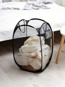 1pc Minimalist Foldable Laundry Basket, Breathable & Moisture-Proof Portable Dirty Clothes Storage Bin, Solid Color With Side Pocket Wash Basin, Suitable For Bedroom Bathroom Home Storage, Travel Business Trip Storage Accessory Laundry Basket - Black - View 11